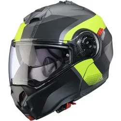 Caberg Duke Evo Indy Klapphelm - grau-gelb, Größe M für Männer - Motorradhelm mit einhandbedienbarem Klappmechanismus und kratzfestem Visier, ideal für komfortable Fahrten und maximale Sicherheit.