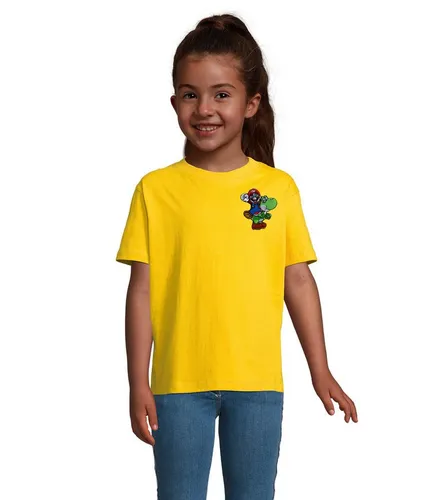 Blondie & Brownie T-Shirt Mario Luigi Yoshi Patch Kinder T-Shirt Retro Gaming Baumwolle Fun tee (Einzelstück, Einzelartikel) Retro Yoshi Abenteuer Patchshirt