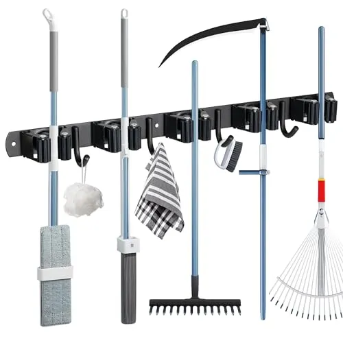 YOCOLE Besenhalterung Wand, 10 Halter und 8 Haken Gerätehalter Edelstahl Besen Mop Halter, Besenstielhalter Gartengerätehalter Wand Selbstklebend für Schrank Balkon Badezimme