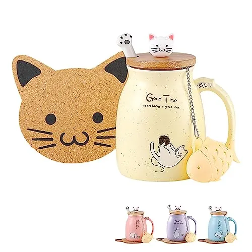 Katzen-Tasse, niedliche Keramik-Kaffeetasse mit schönem Kätzchen-Deckel, Katzenpfotenlöffel, Kawaii-Untersetzer, lustige Morgen-Tasse, Tee, Milch, Weihnachts-Tasse, 380 ml