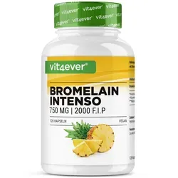Bromelain Intenso - 750 mg (2000 F.I.P) - 120 Kapseln - Nahrungsergänzungsmittel mit 750 mg Bromelain pro Kapsel, hochdosiert und magensaftresistent für optimale Bioverfügbarkeit. Ideal für gesundheitsbewusste Menschen.