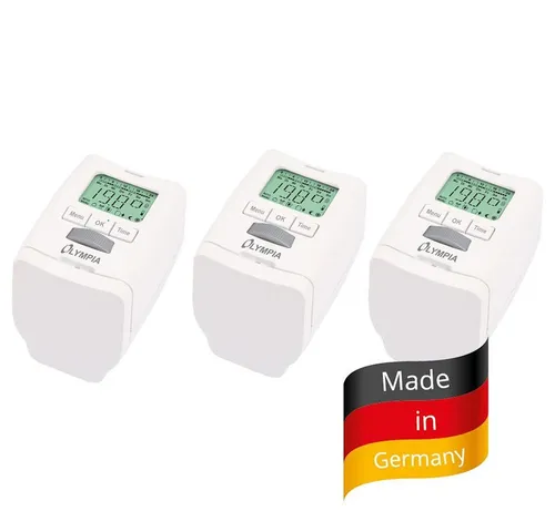 Olympia Heizkörper Thermostat 3er Set - Digitale Heizungsregler mit LCD für präzise Temperaturkontrolle, programmierbar und energieeffizient, ideal für jeden Raum.