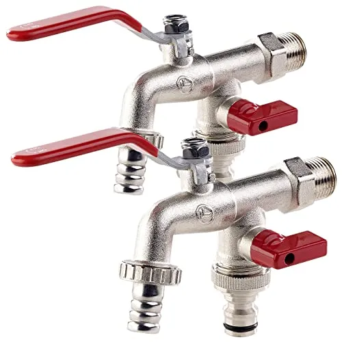Royal Gardineer Doppelter Wasserhahn: 2er-Set Doppel-Wasserhähne mit Kugelauslaufventil, 1/2-Zoll-Anschluss (Wasserhahn 2 Abgänge, Wasserhahn draußen, Garten Bewässerung)