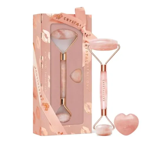 CRYSTALLOVE Gua Sha Stein + Massageroller - Rosa Quarz SELFLOVE - Herzform - Guasha Board - Gesichtsmassage für Gesicht, Augen, Augenschwellungen Hautstraffung von Gesicht - Face Massager
