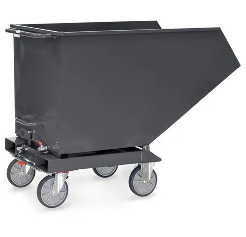 Fetra Kippbehälter Muldenkipper 4703A - Mobiler Muldenkipper für Stapler, 0,6 m³ Volumen, ideal zum Sammeln von Flüssigkeiten und Spänen, ausgestattet mit TOTALSTOP Zentralbremse für mehr Sicherheit.