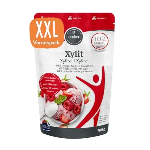 BORCHERS Birkenzucker, Kristalline Streusüße 700g, auf Grundlage von Xylit, 1:1 wie Zucker, kalorienreduziert & zuckerfrei, Zuckerersatz, Süßungsmittel, Zuckeralternative, XXL Vorteilspack