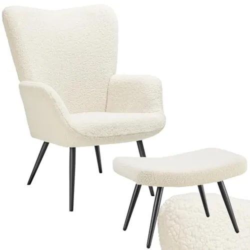 tectake® Skandinavischer Stil Ohrensessel, Sessel Hygge mit Hocker, Breitcordbezug, Sessel Wohnzimmer, Schlafzimmer, Esszimmerstuhl, Statement Loungesessel, belastbar bis 150 kg