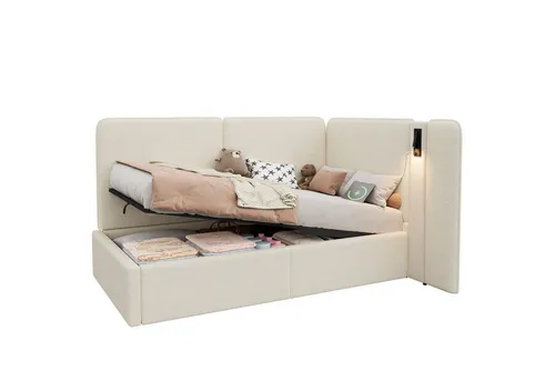Redom Tagesbett Beige 90x200 cm mit Stauraum und Leselampe - Elegantes Tagesbett in Beige mit intelligentem Stauraum und 360° drehbarer Leselampe. Ideal für stilvolle Schlafzimmer, schafft Ordnung und bietet Komfort. Perfekt für moderne und zeitlose Wohnstile.