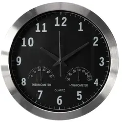 Perel Funk-Wanduhr mit Thermometer und Hygrometer, 35,5 cm, Silber - Elegante Funk-Wanduhr mit analoger Anzeige, die Raumtemperatur und Luftfeuchtigkeit misst. Ideal für Wohnaccessoires und sorgt für stilvolle Zeitmessung in jedem Raum.