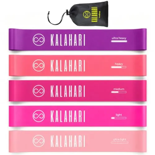 Kalahari Fitnessbänder 5er Set mit e-Book Übungen auf Deutsch und Tragebeutel – Fitnessband, Gummiband, Gymnastikband, Widerstandsbänder Fitness Loop Band für Muskelaufbau, Yoga, Pilates, Stretching