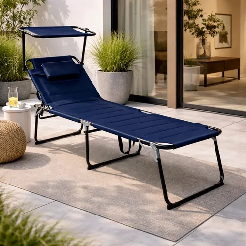 XXL Sonnenliege Dunkelblau - Klappbare Gartenliege mit Sonnendach - Liegen: Robuste Aluminium-Strandliege, klappbar, rost- und UV-beständig, ideal für entspannte Tage im Garten oder am Strand.