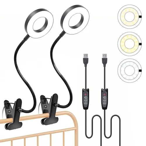 Foneso Klemme Lampe, 48 LEDs Dimmbare Leselampe Bett, 3 Modi und Stufe 10 Dimmen, 360° Flexibel USB Lampe für Lesen, Reisen, Schlafzimmer, Büro (Schwarz),2er-Pack