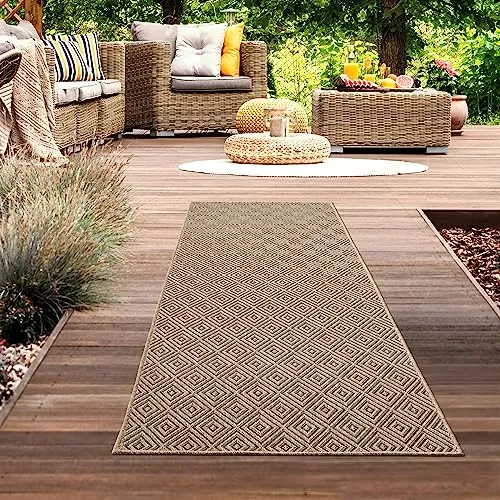 CARPETIA robuster Outdoorteppich Läufer mit Rautenmuster - Vielseitiger Teppich für Innen- und Außenbereich, wetterfest und pflegeleicht. Ideal für stark frequentierte Bereiche, UV-beständig und schadstofffrei für sicheren Komfort.