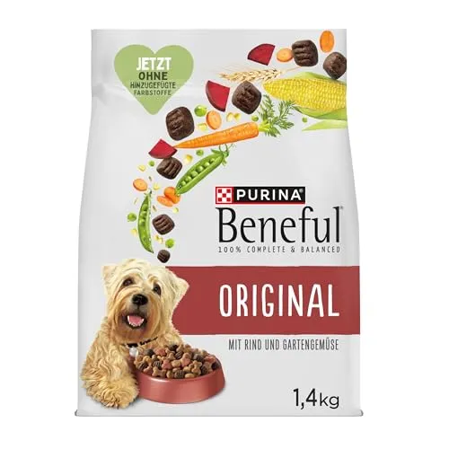 Beneful Original Hundefutter mit Rind und Gartengemüse - Trockenfutter für ausgewachsene Hunde, reich an wertvollen Ballaststoffen und Omega 3 & 6 Fettsäuren für gesunde Haut und glänzendes Fell. Praktischer 6er Pack (6 x 1,4kg) für nachhaltige Ernährung.