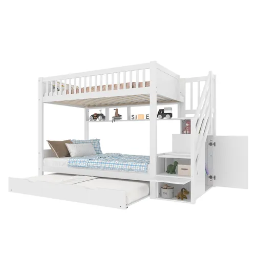 Etagenbett mit Gästebett und Stauraum (90x200cm) – Modernes Kinderbett mit Regal - Praktisches Etagenbett für bis zu drei Kinder, inklusive Gästebett und Stauraum. Mit Rundum-Absturzschutz und stabiler Bauweise. Ideal für kleine Räume und die optimale Nutzung des Platzes.