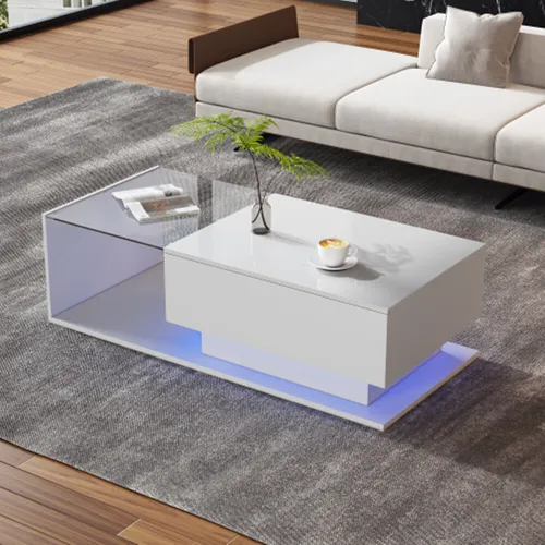 Eleganter Couchtisch mit Glasplatte und LED-Beleuchtung, 100x50x32 cm