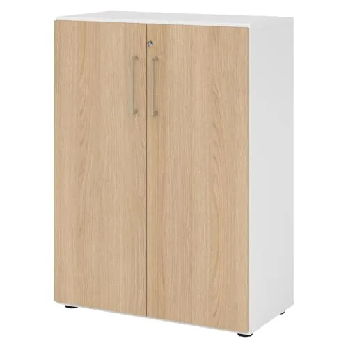 bümö Aktenschrank abschließbar, Büroschrank Holz 80cm breit in Weiß/Eiche - Robuster Büroschrank mit hochwertigem Schloss und werkzeuglosem Aufbau, ideal für sichere Aktenaufbewahrung. Inklusive 2 einstellbaren Fachböden und Made in Germany Qualität.