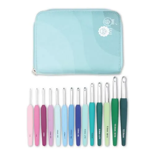 KnitPro Häkelnadelset Waves 2.0 Grande Set - Stricken - 14 Aluminium-Häkelnadeln mit ergonomischen Gummigriffen in leuchtenden Farben, ideal für kreative Häkelprojekte und stets ordentlich verstaut im stilvollen Stoffetui.