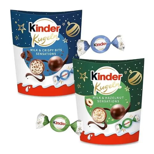 Kinder Kugeln Bundle Milk & Crispy Bits 90 g und Milk & Hazelnut 90 g – gefüllte Vollmilchschokolade mit knusprigen Crisp-Stücken & Haselnuss – Pralinen für Familie, Freunde, Advent und Weihnachten