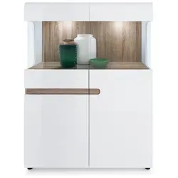 Lomadox Highboard LEGNICA-129, mit Beleuchtung, weiß Hochglanz mit Eiche Nb., ca. 109,5/143,5/42 cm weiß