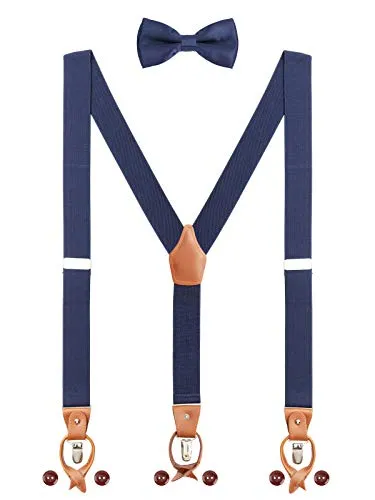 Herren Hosenträger Fliege Set 2 WAY TO WEAR 6 Leder Knopfloch 3 Clips Y-Form 3,5cm Breit Verlängerte Hosenträger für Körpergröße 160-200cm - Navy Blau