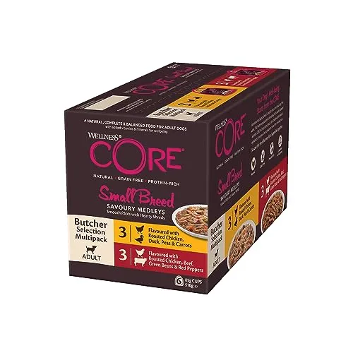 Wellness CORE Small Breed Savoury Medleys, Hundefutter nass für kleine Hunde, Butcher Selection Mix, 6 x 85 g, ohne Zuckerzusatz, getreidefrei, mit hohem Fleischanteil