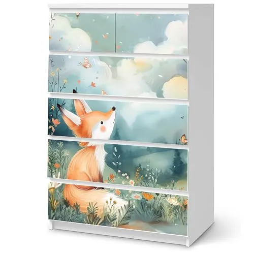 Sunnywall® Möbelfolie passend für IKEA Malm Kommode Schrankfolie Aufkleber mit Fuchs auf Wiese Motiv | blasenfrei verkleben | Kinderzimmer 6er 80 cm