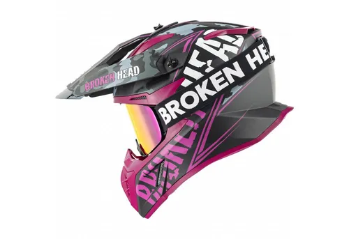 Broken Head Crosshelm Squadron V3 Pink + MX-Brille Struggler Pink - Stylischer Crosshelm in Pink mit passender MX-Brille. Ideal für Dirt, Motocross und Quad. Mit herausnehmbarem Innenfutter und Bluetooth-Vorbereitung für besten Komfort und Funktionalität.