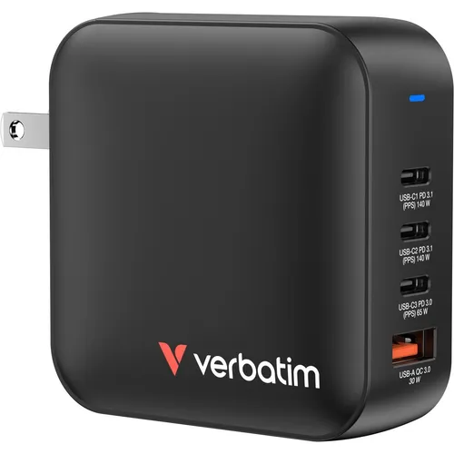 Verbatim 32216 USB-C-Ladegerät - 165W GaN Mini-Ladegerät - Handy Ladegeräte mit 4 Ausgängen, ideal für gleichzeitiges Laden von 4 Geräten. Kompakt, leicht und perfekt für Reisen dank faltbarer Stecker und GaN-Technologie.
