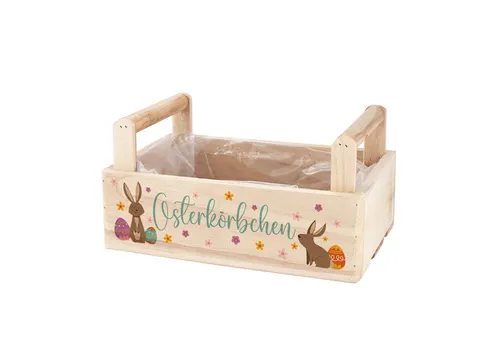 Herz & Heim Geschenkbox zu Ostern - Pflanzkorb aus Holz als Osterkorb für Ostergeschenke, 2 Griffe, mit Folie ausgekleidet