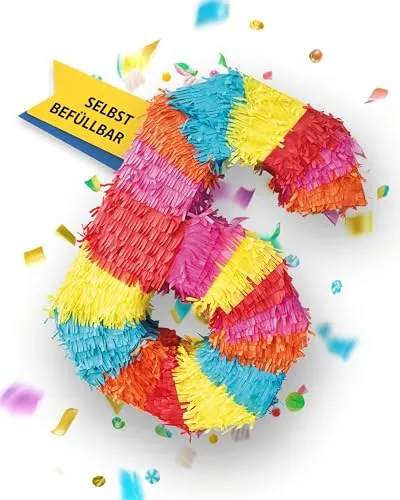 Party Factory – Pinata Geburtstagsdeko für Kinder zum Befüllen & aufhängen – Bunte Schlag-Piñata als Party Deko in 50x35x8 cm für Kindergeburtstag & Mottopartys – Partyspiel Pinjata mit der Zahl 6