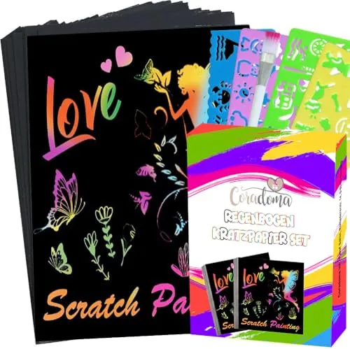 Regenbogen Kratzpapier Set – 50 Bögen Scratch Art mit 5 Holzstiften & 4 Schablonen – Magic Kratzbilder Bastelset für Kinder zum Malen, Basteln, Zeichnen | Scratch Book für Geburtstage, Schule, Reisen