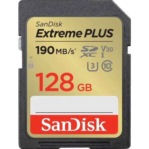 SanDisk Extreme PLUS 128GB SDHC Speicherkarte - Speicherkarten mit 190MB/s Lesegeschwindigkeit, ideal für 4K-Videos und schnelle Fotoaufnahmen.