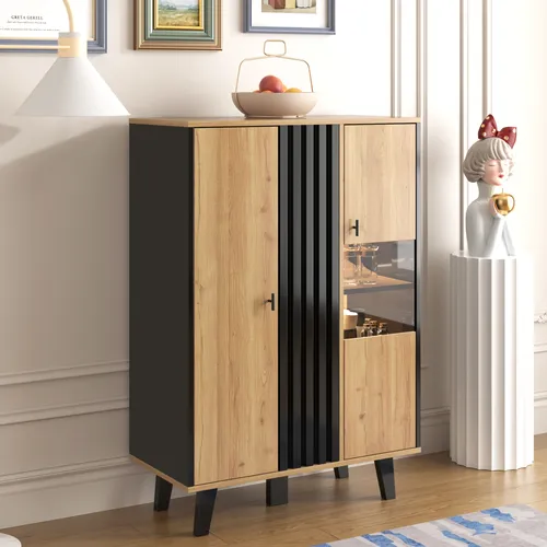 Merax Kommode Highboard mit LED-Beleuchtung - Kommode im Landhausstil mit 8 Fächern und Glastür, inklusive moderner LED-Beleuchtung für stilvolle Akzente im Wohnzimmer. Maße: 80x120x40 cm.