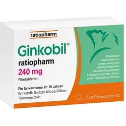 Ginkobil ratiopharm 240mg mit Ginkgo biloba - Arzneimittel zur Verbesserung der kognitiven Fähigkeiten im Alter, fördert die Blutfließeigenschaften und schützt vor Leistungsabbau.