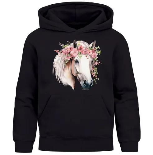 SpecialMe® Kinder Hoodie Mädchen Pferdekopf mit Blumen Mädchengeschenke Pferde Print Aufdruck schwarz 164
