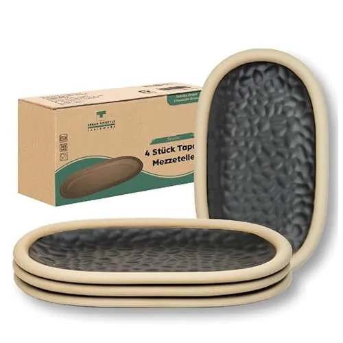 Urban Lifestyle Dessertteller Set 4 – kleine ovale Keramik Teller 19,5x11,5 cm Schwarze Farbe, Kuchenteller & Frühstücksteller, Mezzeteller rustikal.