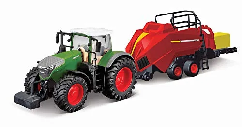 Bburago Die-Cast FENDT 1050 Vario mit funktionierendem Baler-Heber – Detaillierte Nachbildung zum Sammeln, Modellspielzeug, Rot