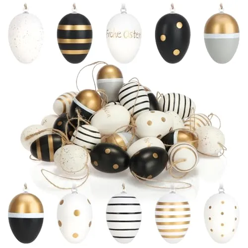 COM-FOUR® 36x Ostereier zum Aufhängen 6 cm - Osterdeko in tollen Farben - Hänge-Dekoration mit verschiedenen Designs (schwarz/weiß/goldfarben - 01)