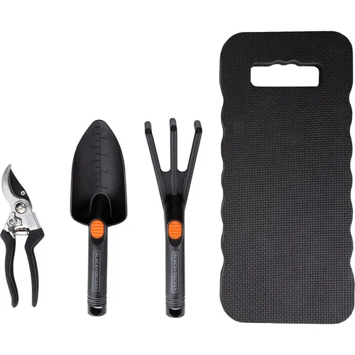 BLACK+DECKER Gartenwerkzeug Set 4-Teilig - Knieschoner, Gartenschere, Schaufel und Gartenkralle - 13mm Schneidkapazität - Schwarz/Orange