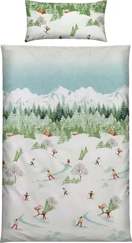 Erwin Müller Bettwäsche Edelflanell Skifahrer und Berglandschaft grün Größe 40x80 cm / 135x200 cm - temperaturausgleichend und pflegeleicht, flauschig weicher Stoff, mit Reißverschluss