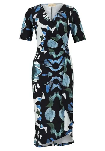 Stylisches Cartoon Jeanskleid - Figurbetontes Midi-Kleid mit V-Ausschnitt und grafischem Muster, perfekt für trendbewusste Frauen.