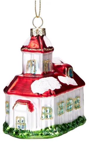 BRUBAKER Christbaumschmuck Mundgeblasene Baumkugel Verschneite Kirche, schöner Weihnachtsanhänger aus Glas, handbemalt