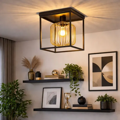 Fischer & Honsel Caydo Deckenleuchte E27 - Elegante Deckenlampe mit goldfarbenem Metallschirm und sandschwarzem Design, ideal für stilvolle Wohnräume.