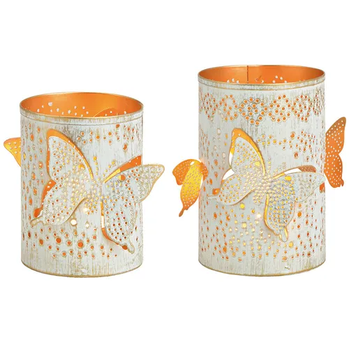 2er Set Windlichter SCHMETTERLING aus Metall in weiß & gold