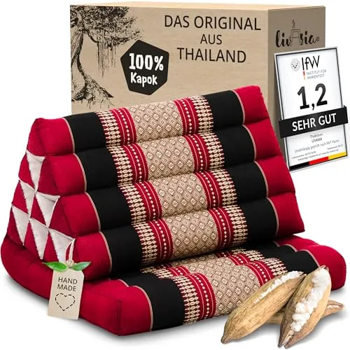 livasia Thaikissen 75x50cm - Handgefertigtes Dreieckskissen mit Sitzauflage (Rot/Schwarz) - Vielseitig und platzsparend: Das handgefertigte Thaikissen mit klappbarem Sitzpolster bietet optimalen Komfort für Yoga, Meditation oder einfach zum Entspannen. Ideal für drinnen und draußen, sorgt es für entspannte Momente.