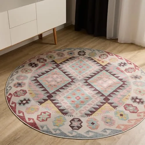 benuta Basic Waschbarer Teppich George - Multicolor 120 cm Rund - Pflegeleichter Ethno-Style Teppich - Moderner Vintage-Teppich mit zeitgemäßen Mustern, ideal für Wohnzimmer und Schlafzimmer. Die Anti-Rutsch-Rückseite sorgt für sicheren Halt. Maschinenwaschbar bei 30° – perfekt für Haushalte mit Kindern und Haustieren.