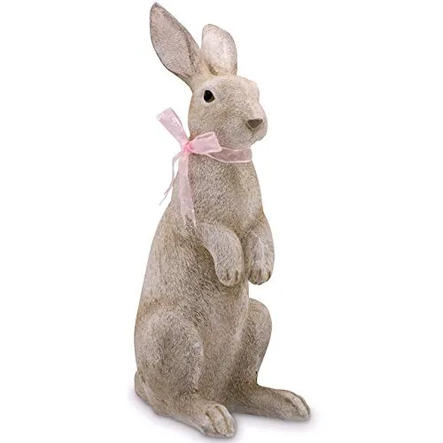 große Deko Hasen Figur Kunststein 48.5 cm - sitzender Osterdeko Hase mit rosa Schleife & Fell-Optik - braune XXL Polyresin Osterhasen Frühjahresdeko zum hinstellen