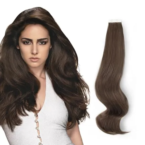 ABH AMAZINGBEAUTY HAIR Tape In Extensions Echthaar Remy Menschenhaarverlängerungen Tape in Semi-permanent 50g 20 Stück Unsichtbar Nahtlos Wiederverwendbare Skin Weft Dunkelbraun Farbe 2 45 cm