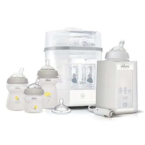 Chicco Starter Set Neugeborenes - Babyflaschenwärmer & -abkühler mit elektrischem Sterilisator und 3 Natural Feeling Flaschen; sterilisiert in nur 5 Minuten und erhält Nährstoffe durch schonendes Erwärmen.